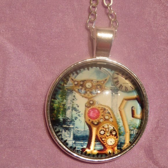 Steampunk Style Cabochon CAT Pendant Necklace with Chain (F36) - Picture 2 of 5